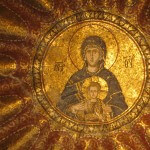 circular golen mosaic of madonna and child